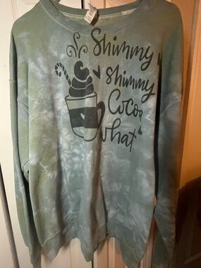 Custom bleached crew neck sweater size XL slogan “shimmy shimmy cocoa what”